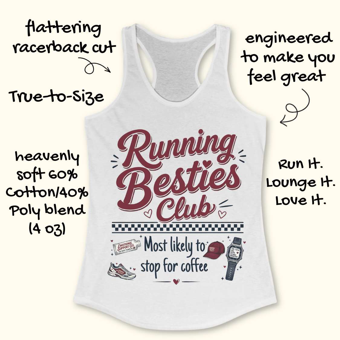 White tank top with 'Running Besties Club' text and graphics on a white background