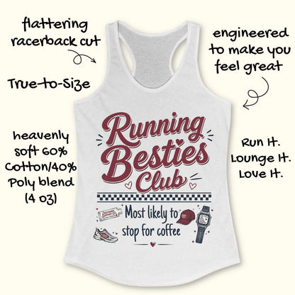 White tank top with 'Running Besties Club' text and graphics on a white background