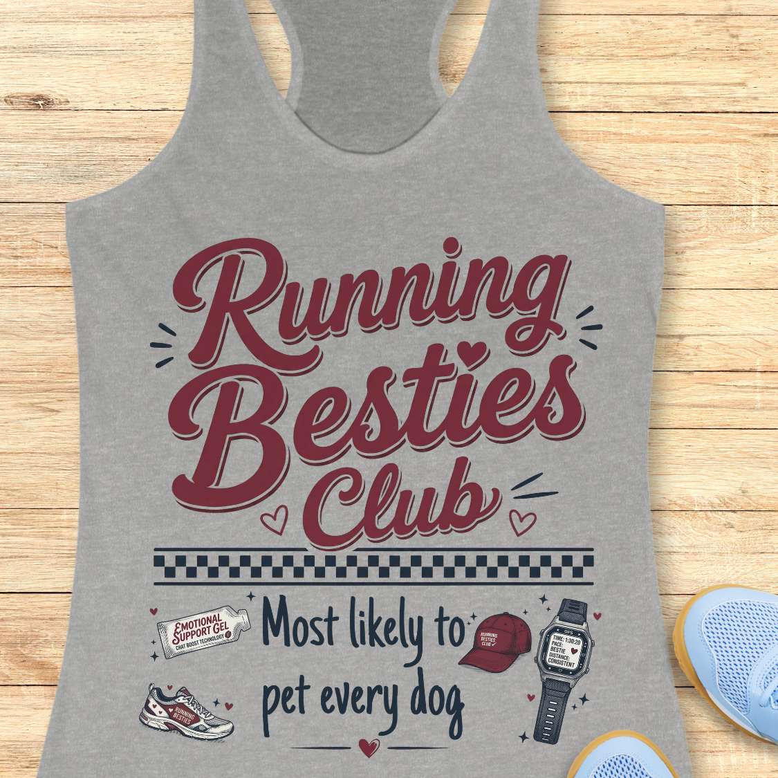 Gray tank top with 'Running Besties Club' text and graphics on a wooden surface