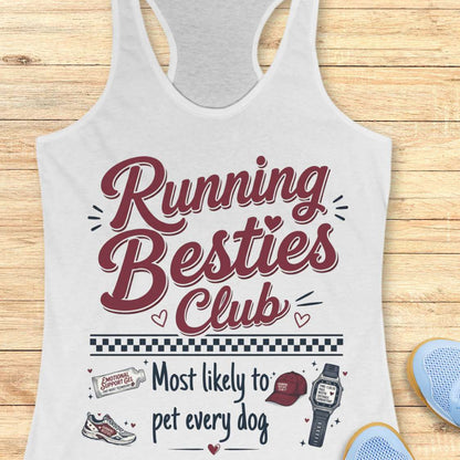 white tank top with 'Running Besties Club' text and graphics on a wooden surface
