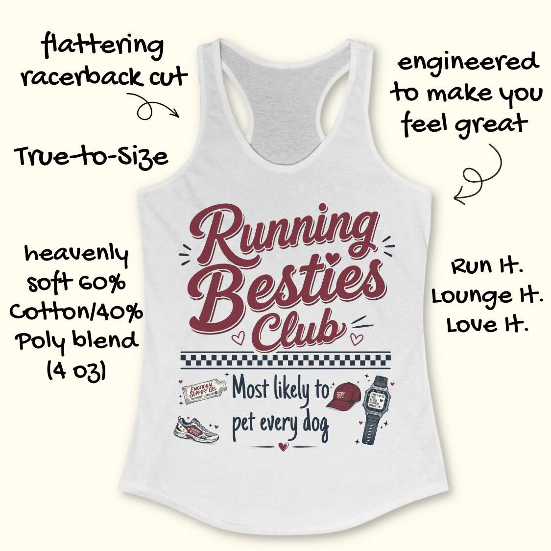 White tank top with 'Running Besties Club' text and graphics on a white background