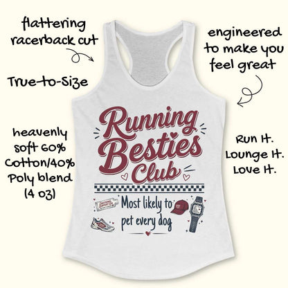 White tank top with 'Running Besties Club' text and graphics on a white background