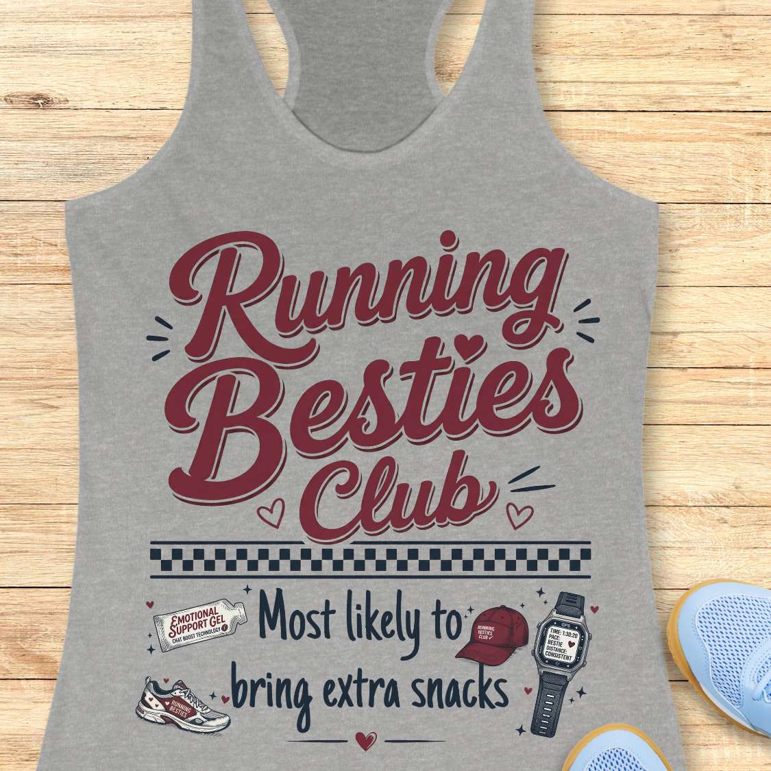 Gray tank top with 'Running Besties Club' text and graphics on a wooden surface