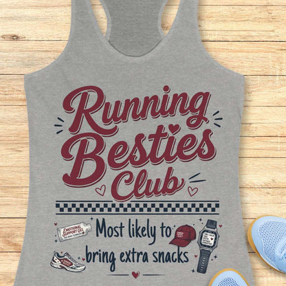 Gray tank top with 'Running Besties Club' text and graphics on a wooden surface