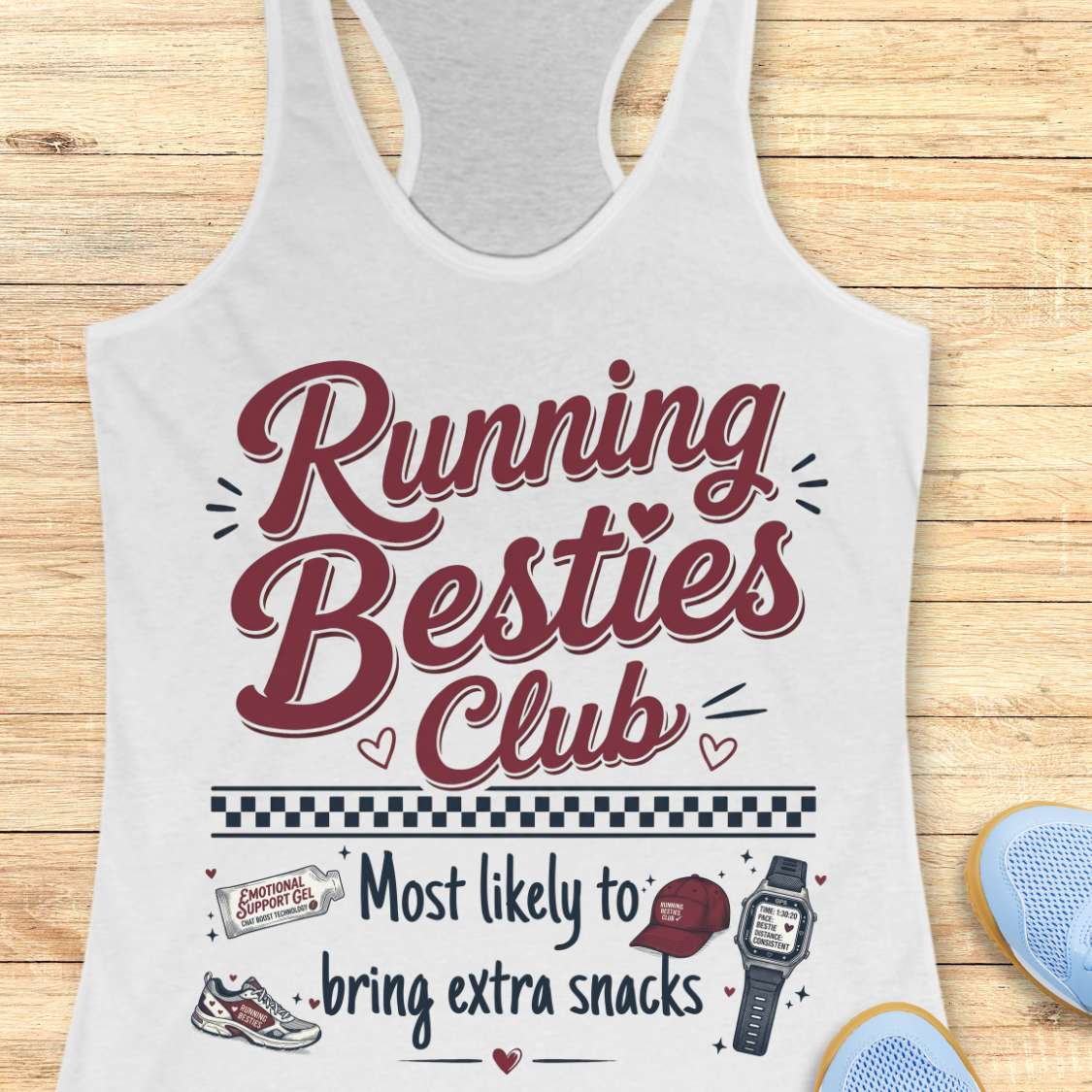 white tank top with 'Running Besties Club' text and graphics on a wooden surface