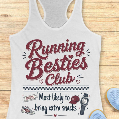 white tank top with 'Running Besties Club' text and graphics on a wooden surface