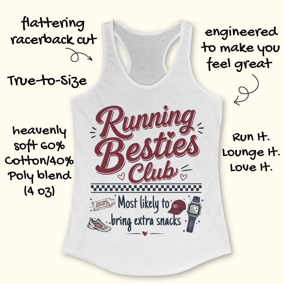 White tank top with 'Running Besties Club' text and graphics on a white background