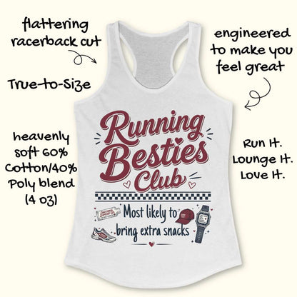 White tank top with 'Running Besties Club' text and graphics on a white background
