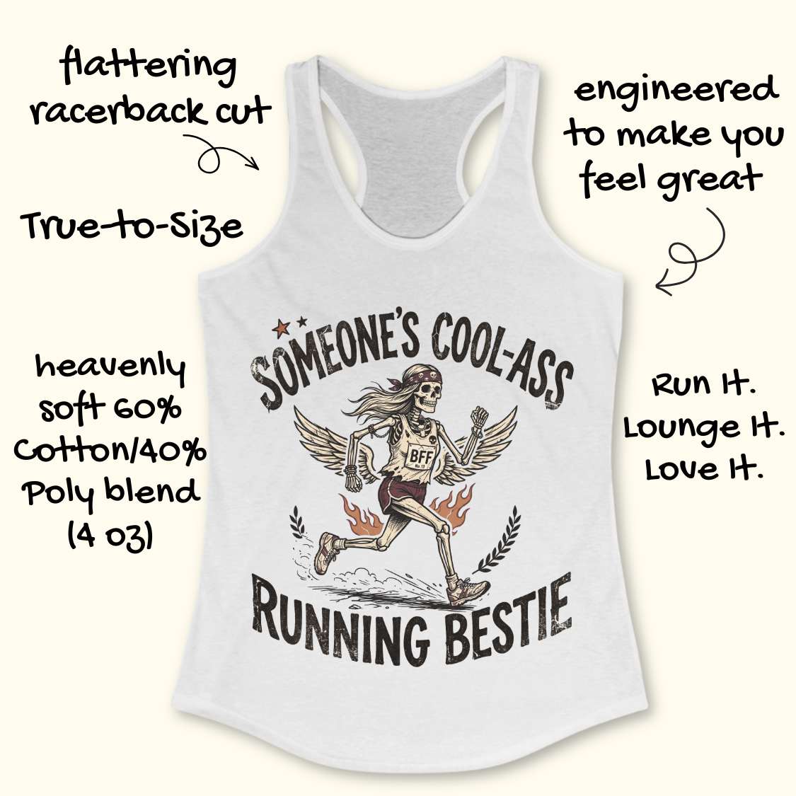 White tank top with graphic design and text on a white background