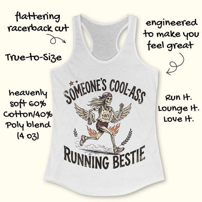 White tank top with graphic design and text on a white background