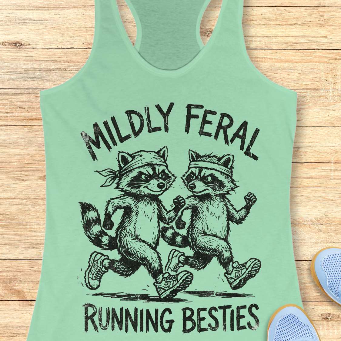 Mint green tank top with raccoon design and text 'Mildly Feral Running Besties' on a wooden surface