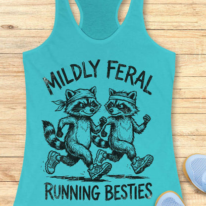 Turquoise tank top with raccoon graphic and text 'Mildly Feral Running Besties' on a wooden surface.