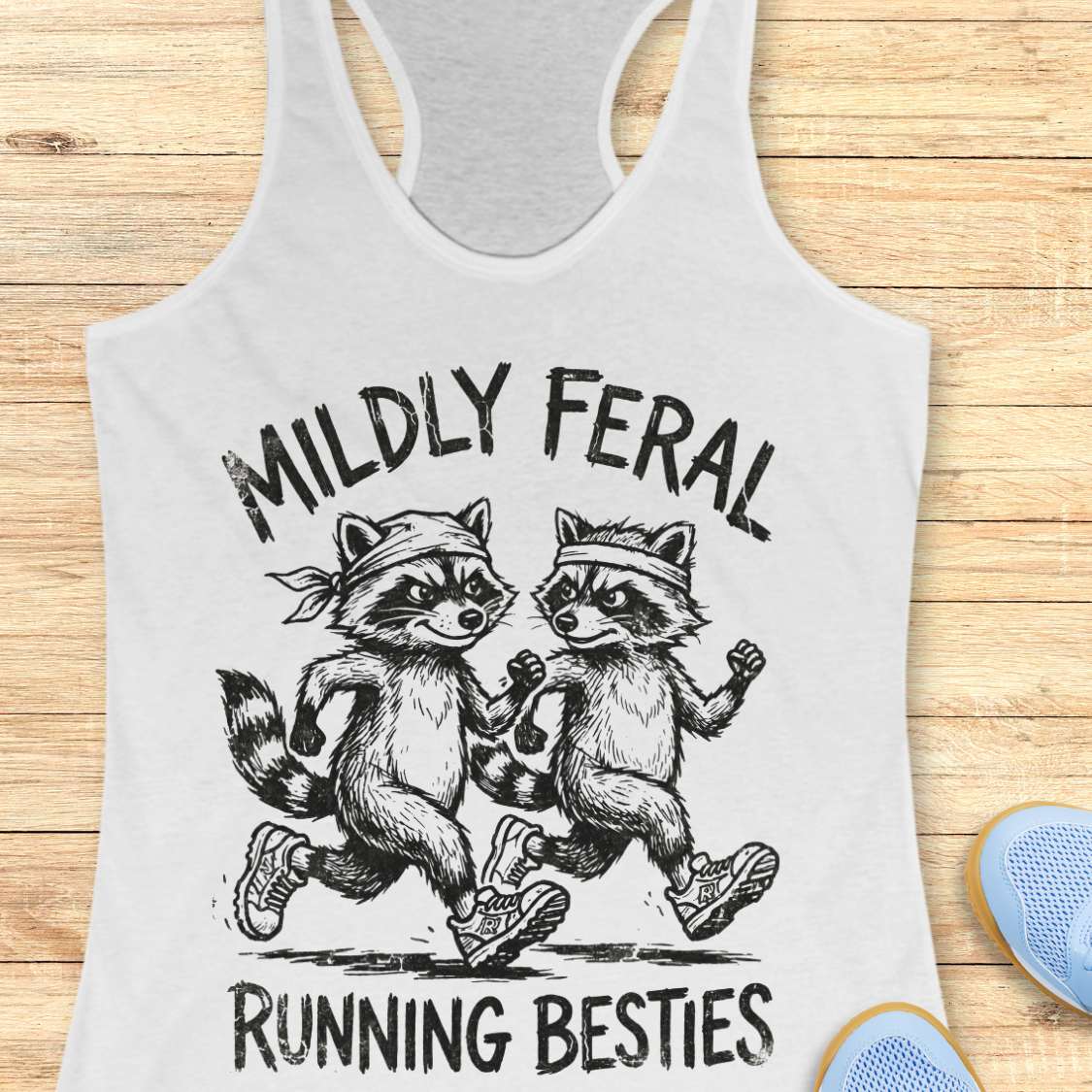 white tank top with raccoon design and text 'Mildly Feral Running Besties' on a wooden surface.