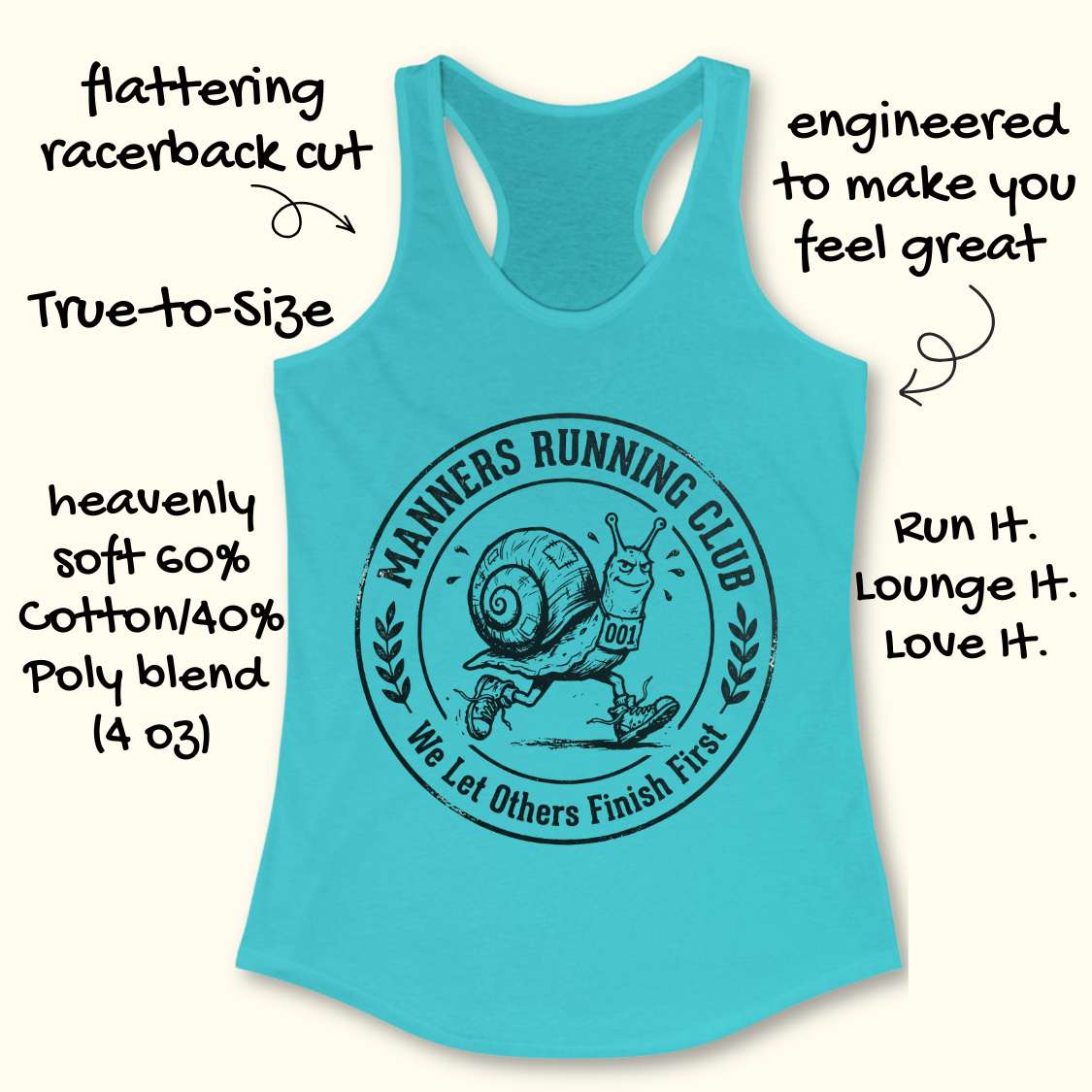 Turquoise tank top with 'Manners Running Club' graphic and text about fabric and design on a white background.
