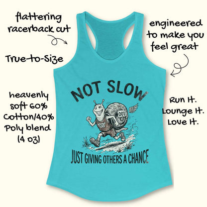 Blue tank top with text - - not slow, just giving others a chance,  graphic and text on a white background