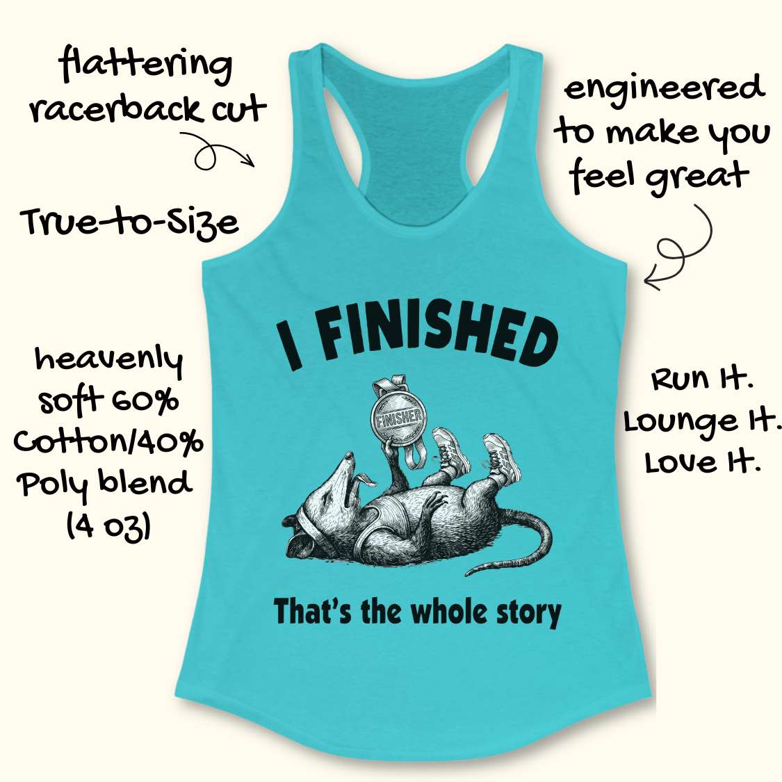 Blue tank top with 'I FINISHED That's the whole story' text and graphic on a white background