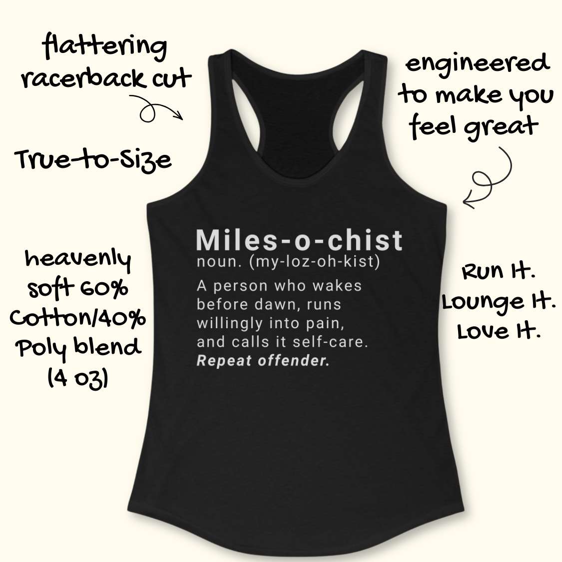 Black tank top with text on a white background
