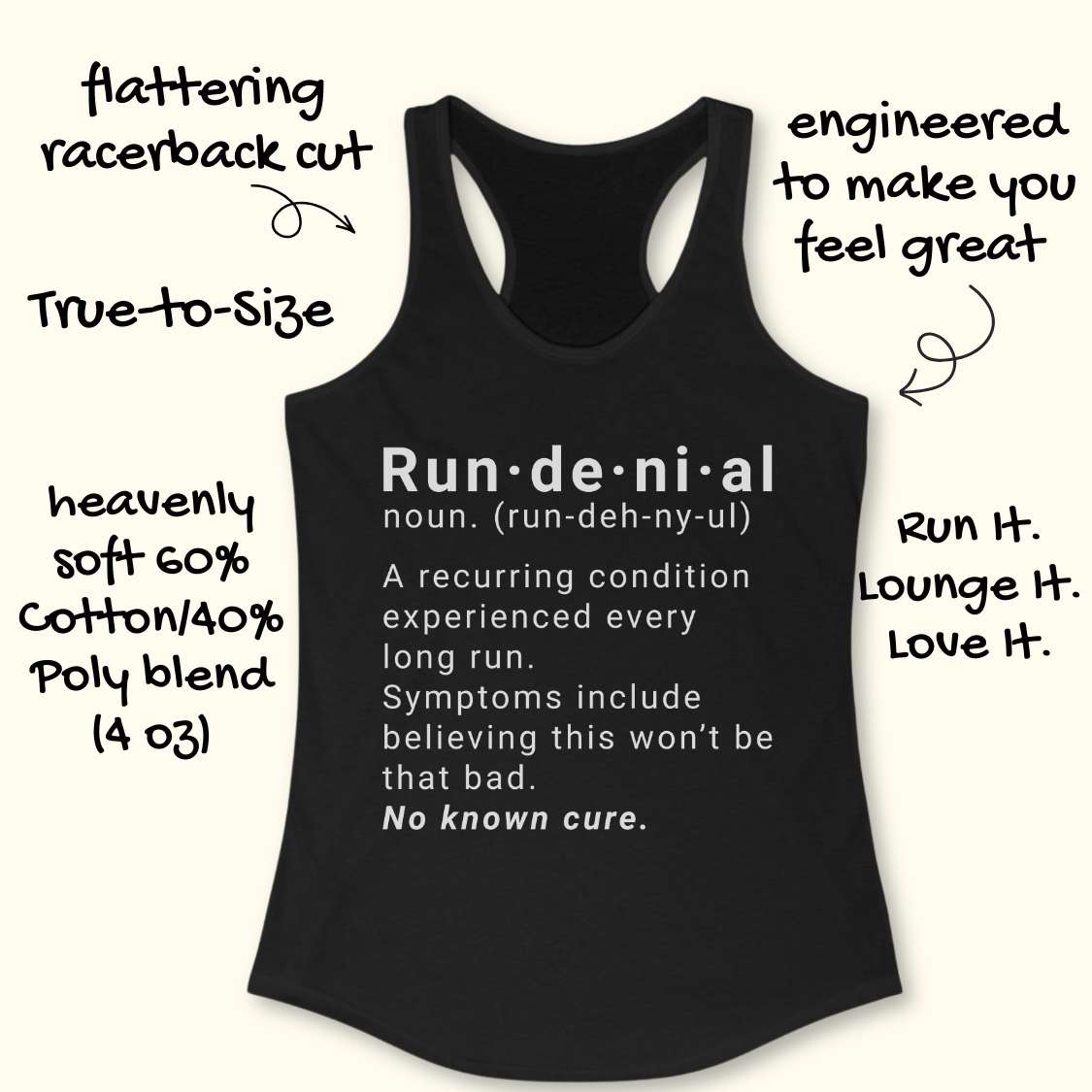 Black tank top with text  of run de ni al  on a white background