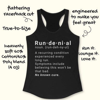 Black tank top with text  of run de ni al  on a white background