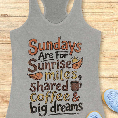 Gray tank top with motivational text - Sundays are for sunrise miles, shared coffee & big dreams, on a wooden surface