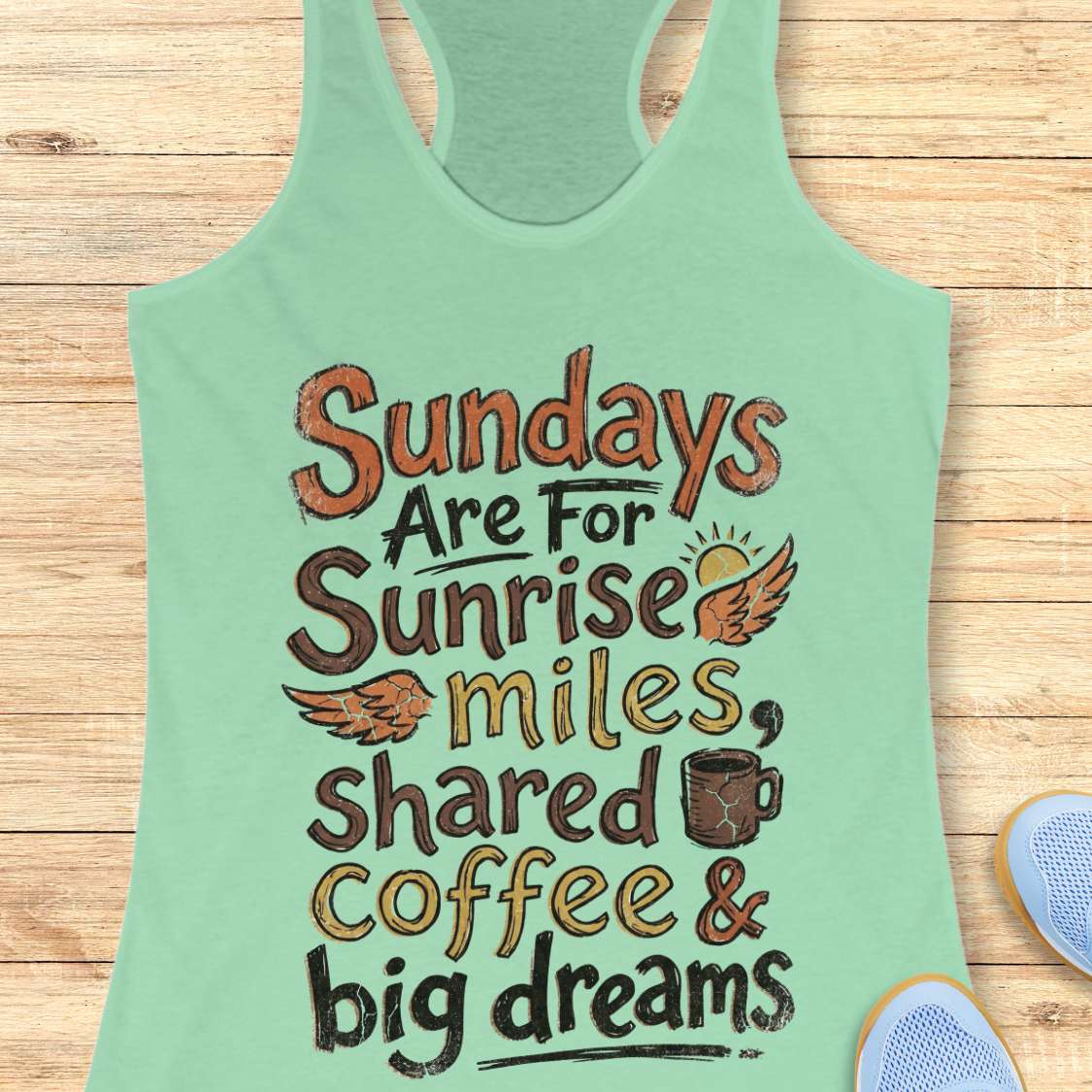Green tank top with text - Sundays are for sunrise miles, shared coffee & big dreams,  on a wooden surface