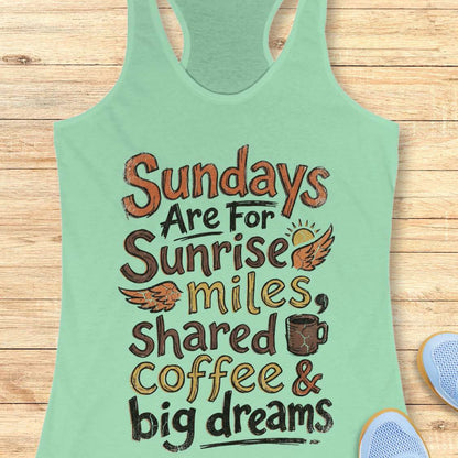 Green tank top with text - Sundays are for sunrise miles, shared coffee & big dreams,  on a wooden surface