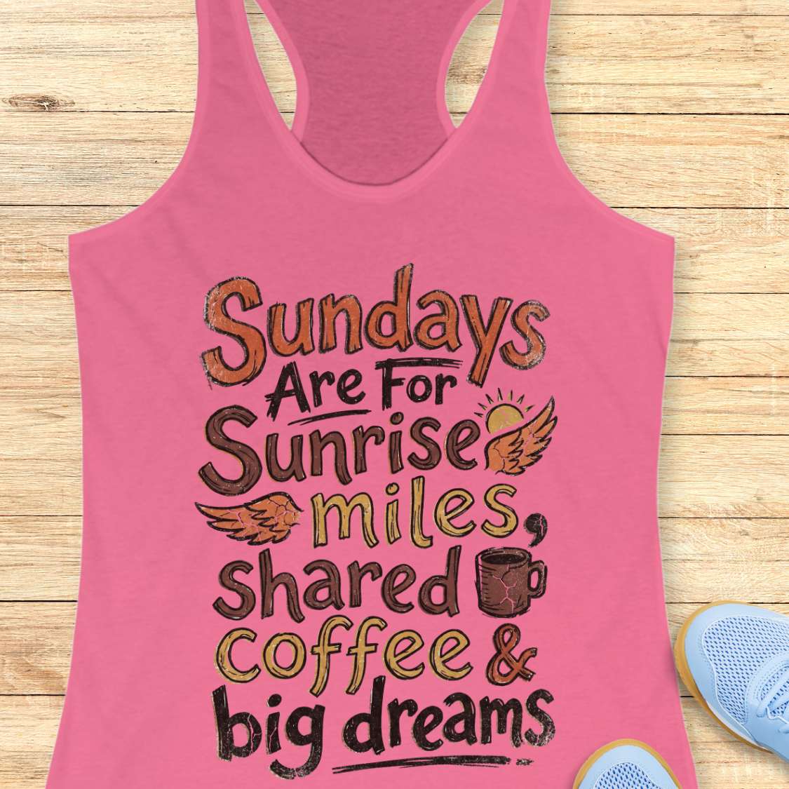 Pink tank top with text - Sundays are for sunrise miles, shared coffee & big dreams, on a wooden surface