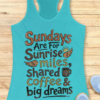 Turquoise tank top with motivational quote - Sundays are for sunrise miles, shared coffee & big dreams, on a wooden surface