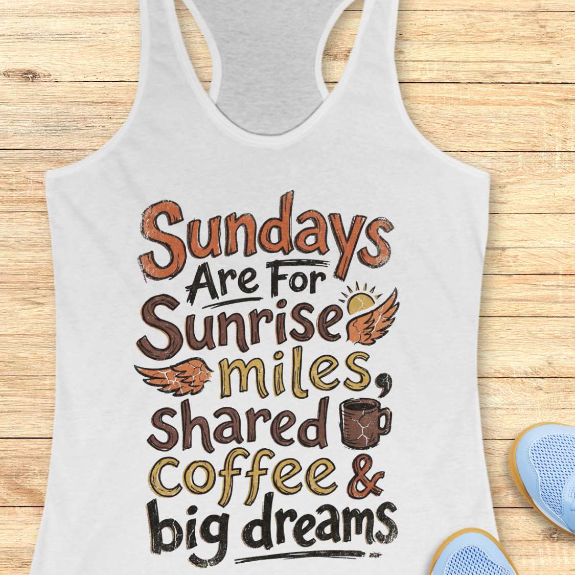 White tank top with motivational text - Sundays are for sunrise miles, shared coffee & big dreams, on a wooden surface