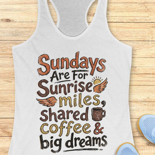 White tank top with motivational text - Sundays are for sunrise miles, shared coffee & big dreams, on a wooden surface