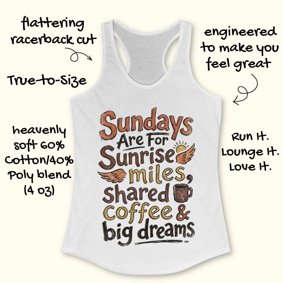 White tank top with text - Sundays are for sunrise miles, shared coffee & big dreams,  design on a white background