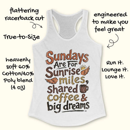 White tank top with text - Sundays are for sunrise miles, shared coffee & big dreams,  design on a white background