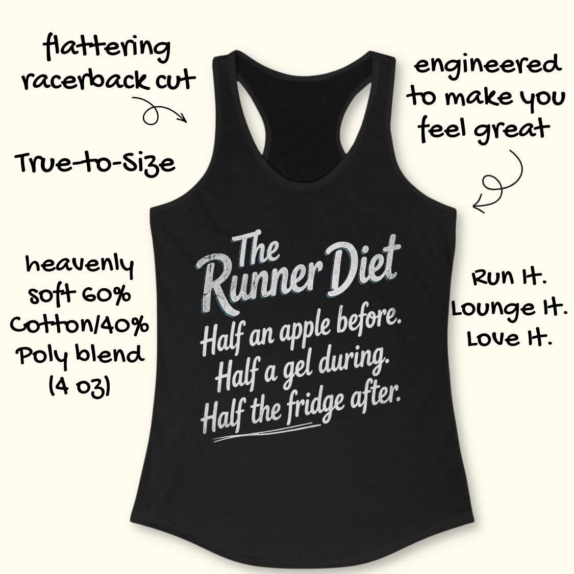 Black tank top with white text on a white background