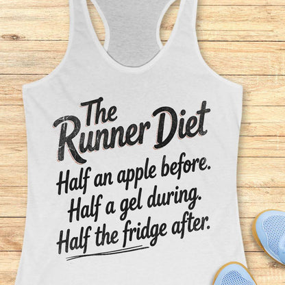Gray tank top with humorous running text about the runner diet on a wooden surface