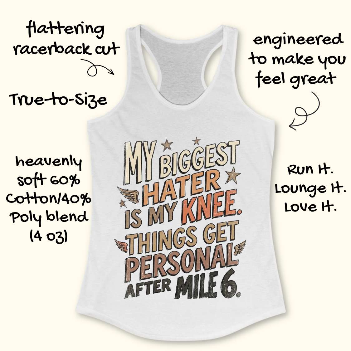 White tank top with humorous text design on a white background