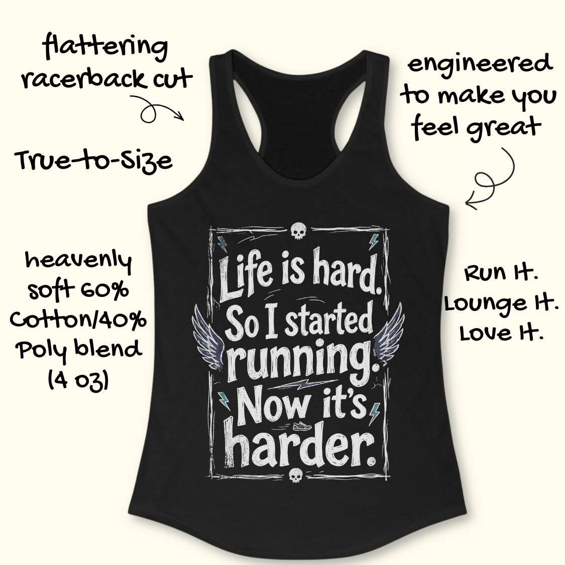 Black tank top with a text - life is hard. So I started running. Now it's harder on a white background