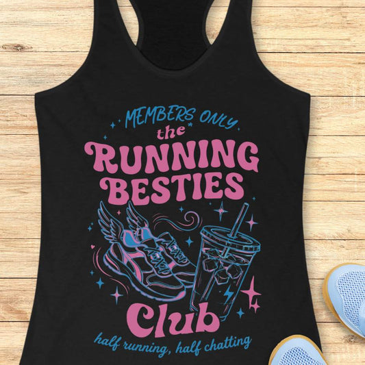 Black tank top with 'Running Besties Club' design on a wooden surface