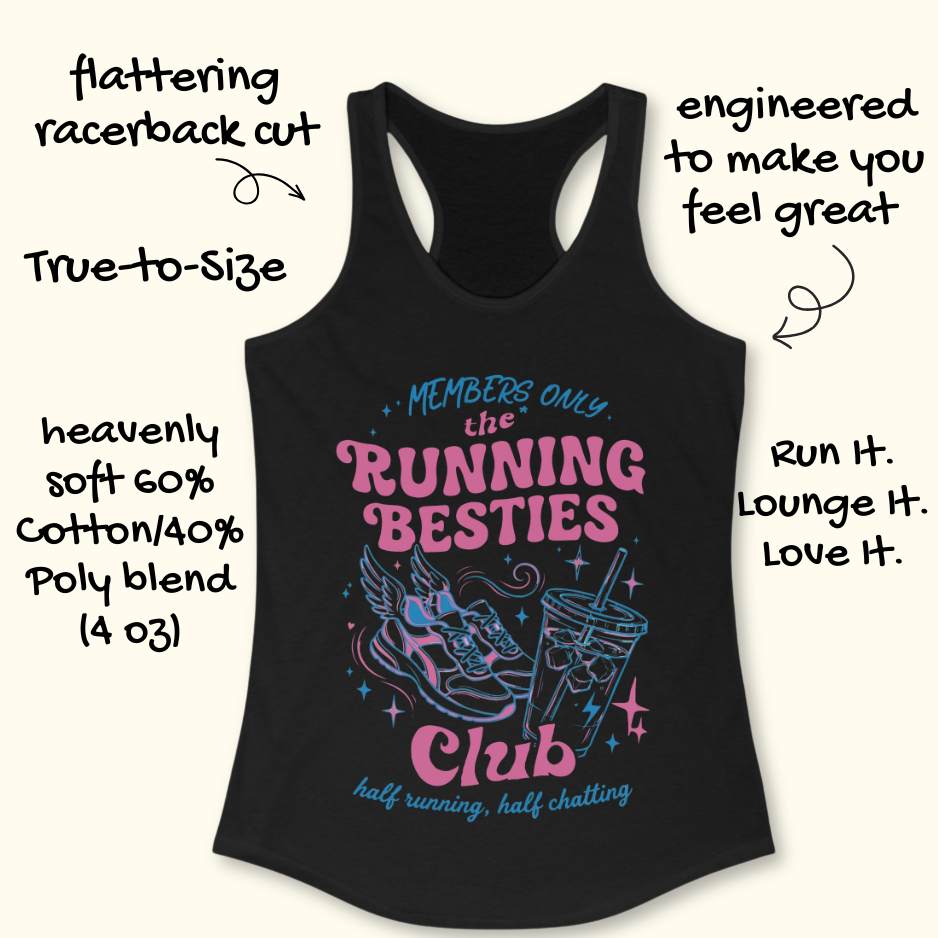 Black tank top with 'Running Besties Club' design on a white background