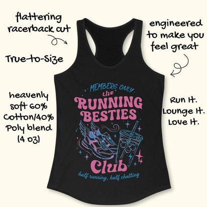 Black tank top with 'Running Besties Club' design on a white background