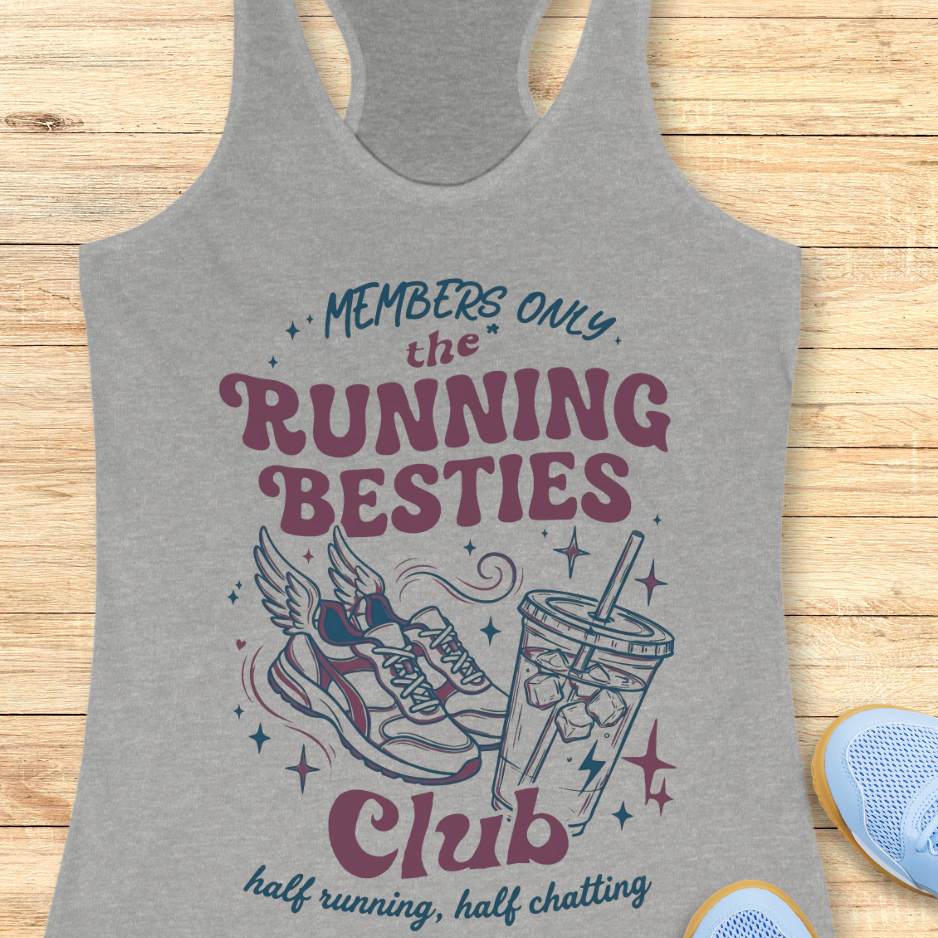 Gray tank top with 'Running Besties Club' design on a wooden surface