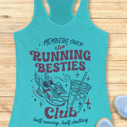 blue tank top with 'Running Besties Club' design on a wooden surface