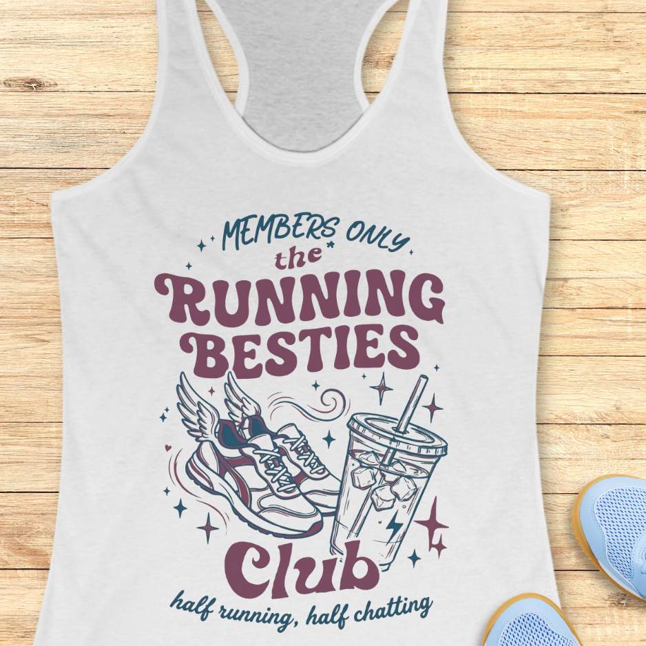 white tank top with 'Running Besties Club' design on a wooden surface