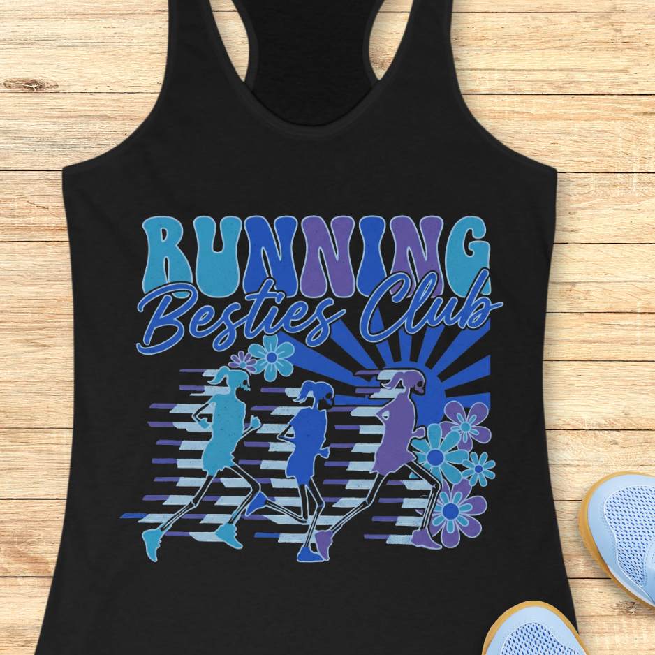 Black tank top with 'Running Besties Club' design on a wooden surface