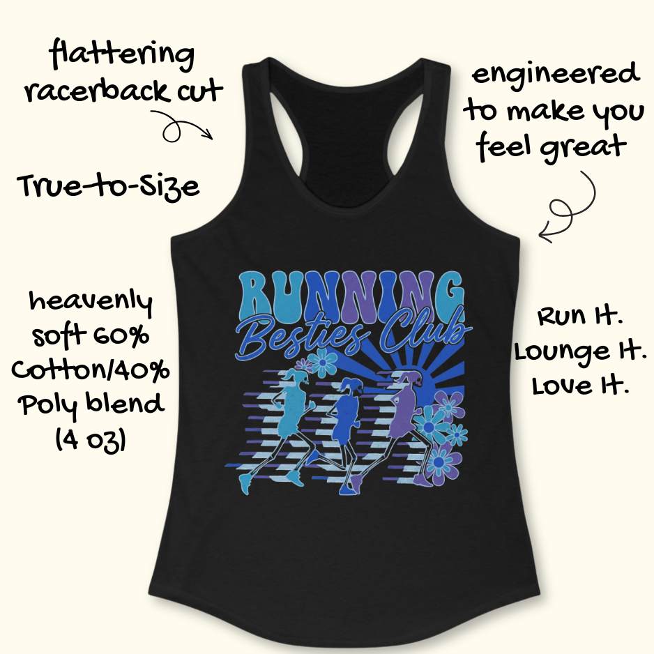 Black tank top with 'Running Besties Club' design on a white background