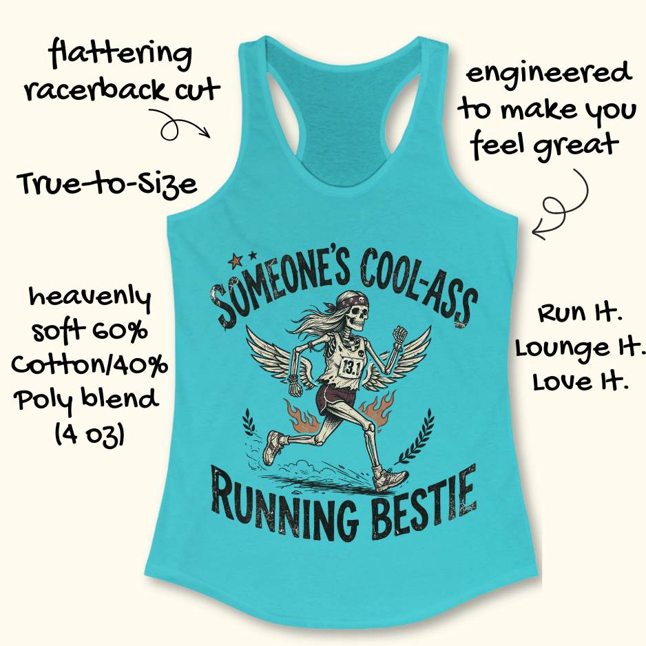 Blue tank top with graphic design and text someone's cool-ass running bestie on a white background