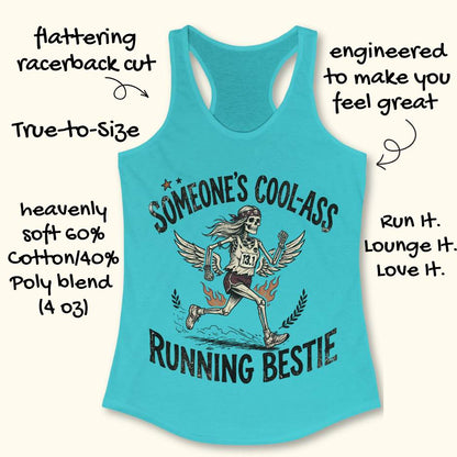 Blue tank top with graphic design and text someone's cool-ass running bestie on a white background
