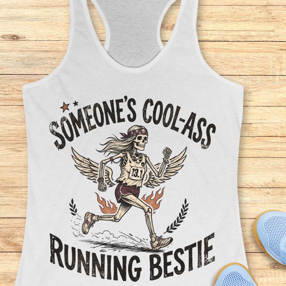 white tank top with skeleton design and text someone's cool-ass running bestie on a wooden surface
