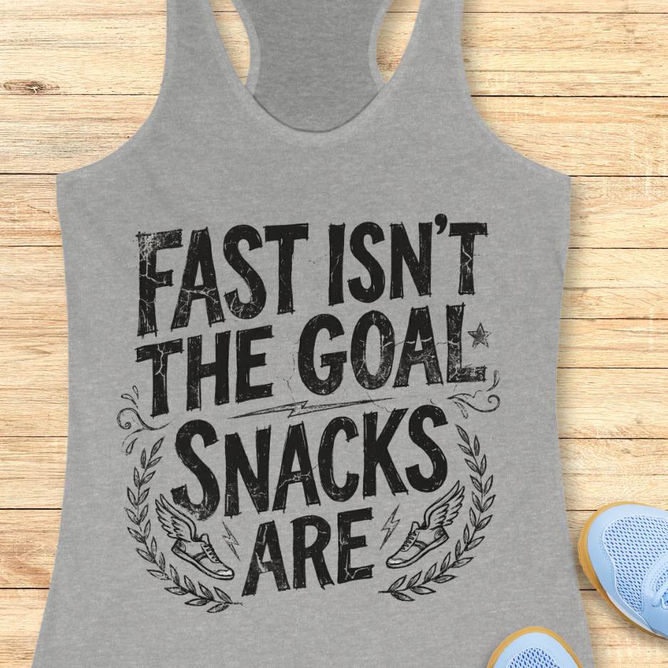 Gray tank top with motivational text fast isn't the goal, snacks are, on a wooden surface