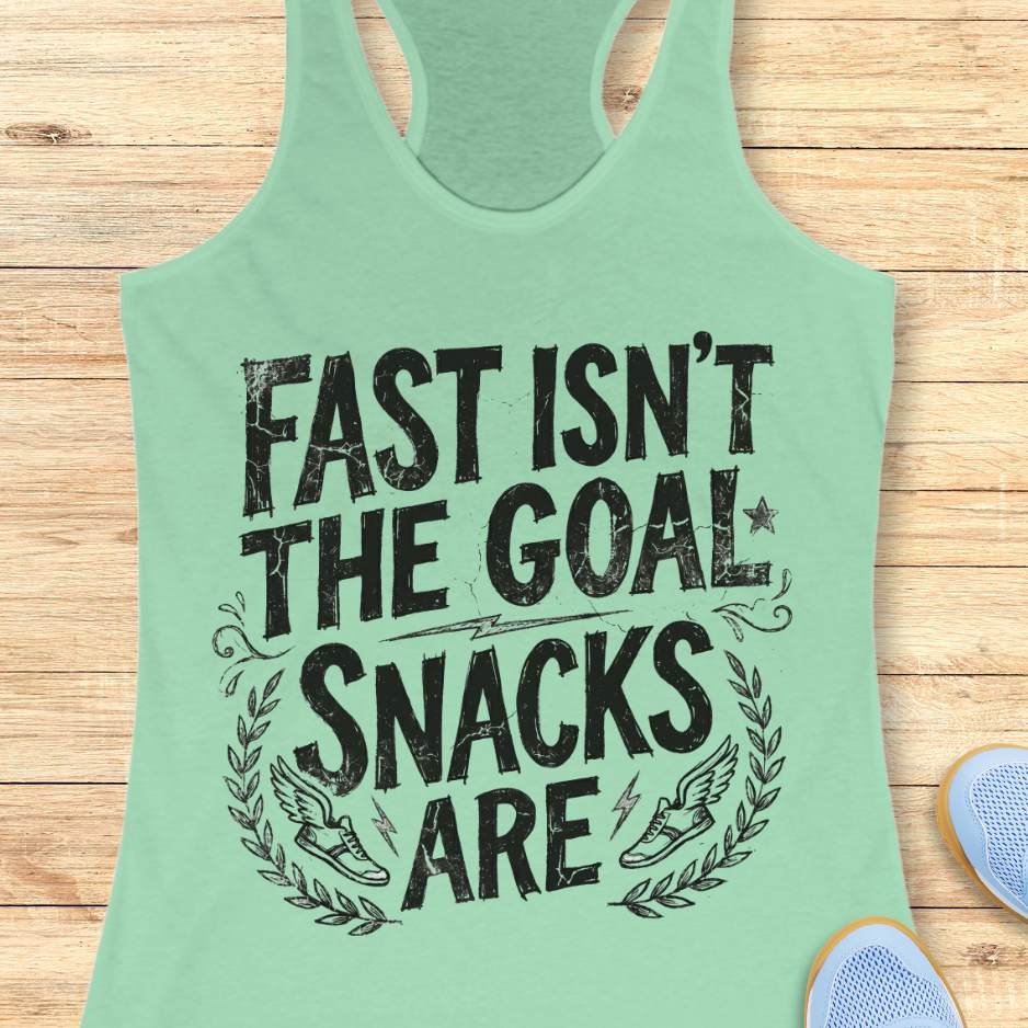 Mint green tank top with black text fast isn't the goal, snacks are, on a wooden surface