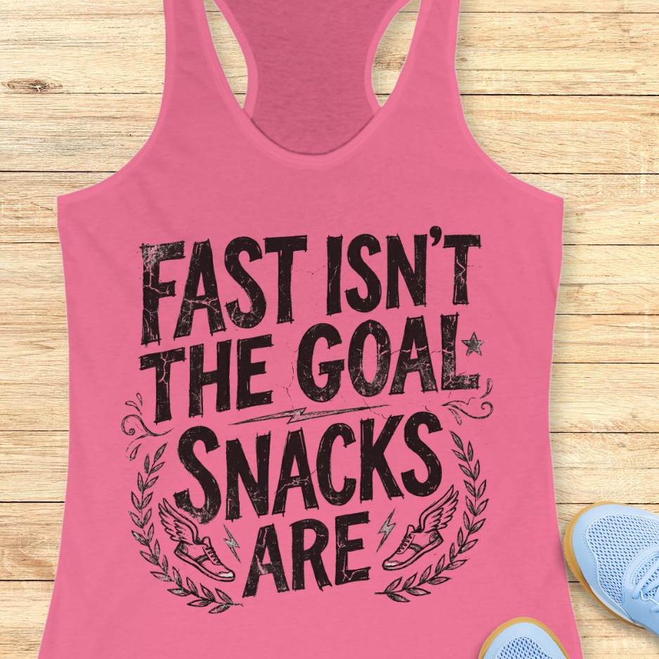 Pink tank top with black text fast isn't the goal, snacks are, on a wooden surface